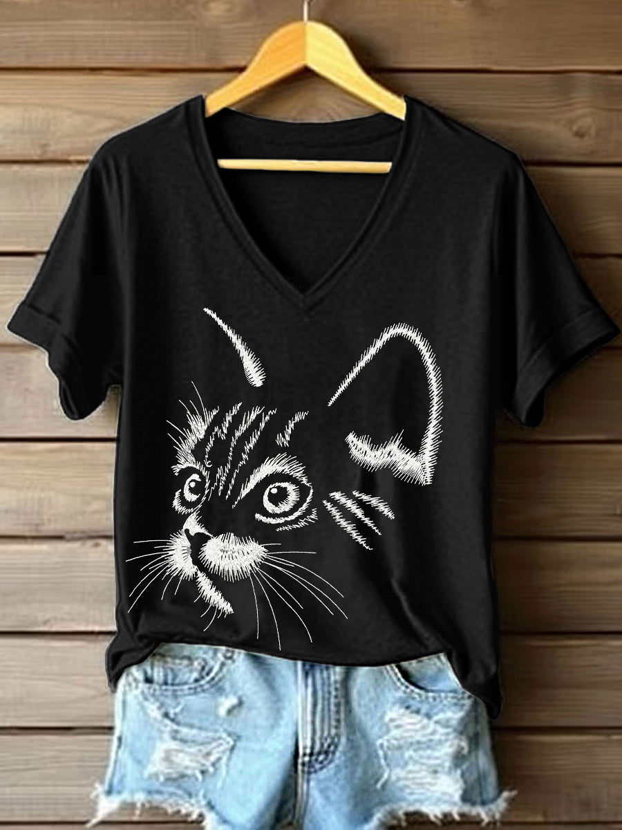 Women's Cat Face Embroidered V-neck T-shirt