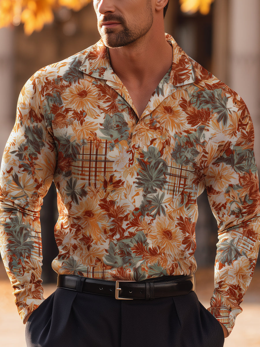 Autumn Floral Art Print Casual Long Sleeve Polo Shirt