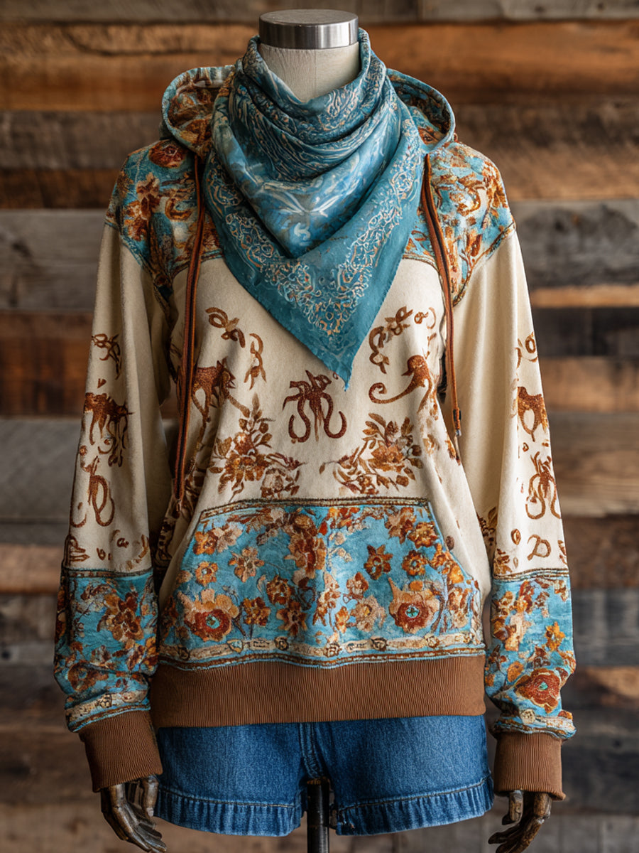 Retro Western Art Illustration Printed Casual Hoodie