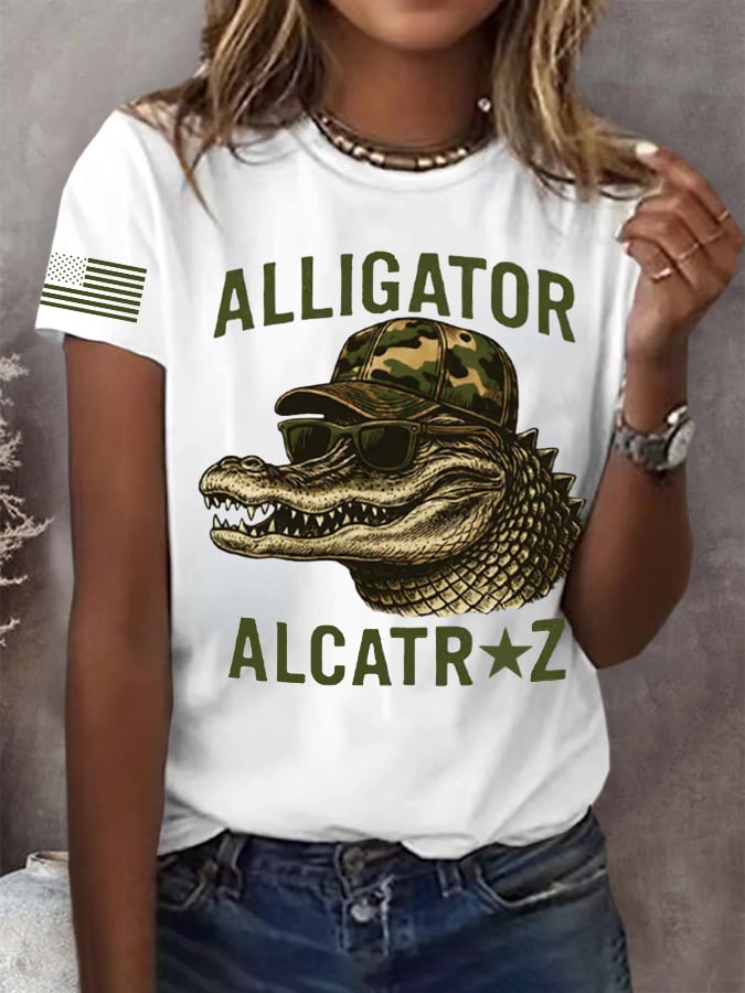 Women's Retro Alligator Alcatraz Funny Florida Everglades Dark Humor Print T-Shirt