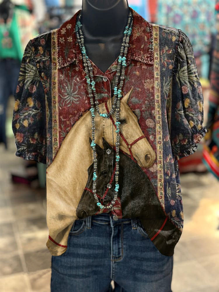 Women's Retro Totem Horse Head Print Casual Cotton Linen Shirt