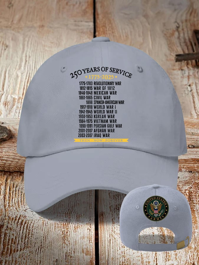 Retro Men's United States Army 250 Years Of Service 1775-2025 Then - Now - Forever Print Baseball Cap