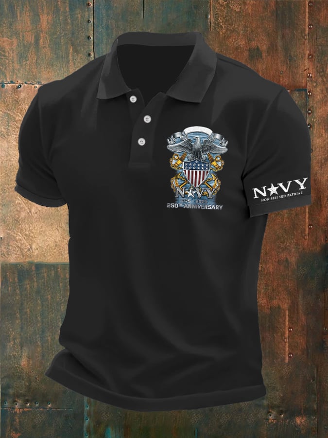 Man's Vintage Navy 1775 - 2025 250th Anniversary Non Sibi Sed Patriae Printed Polo Shirt
