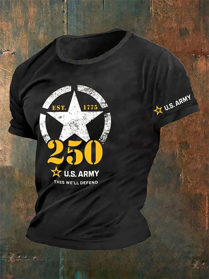 Man's Vintage U.S. Army 250th Anniversary This We'll Defend Est.1775 Print T-Shirt
