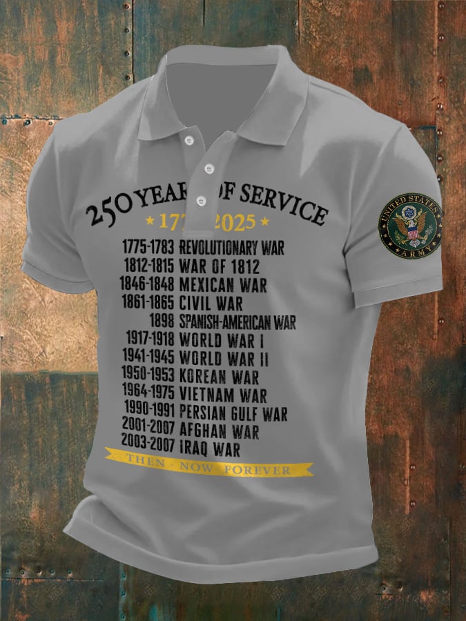 Vintage Men's United States Army 250 Years Of Service 1775-2025 Then - Now - Forever Printed Polo Shirt