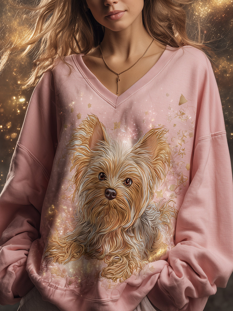 Pink Funny Dog Art Print Casual V-Neck Sweatshirt
