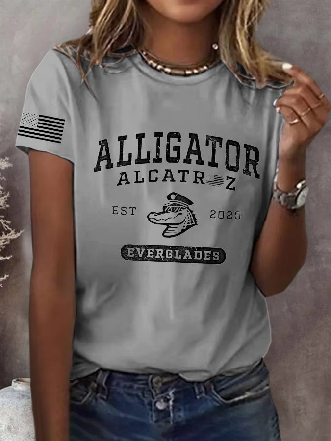 Women's Retro Alligator Alcatraz Funny Florida Everglades Dark Humor Print T-Shirt