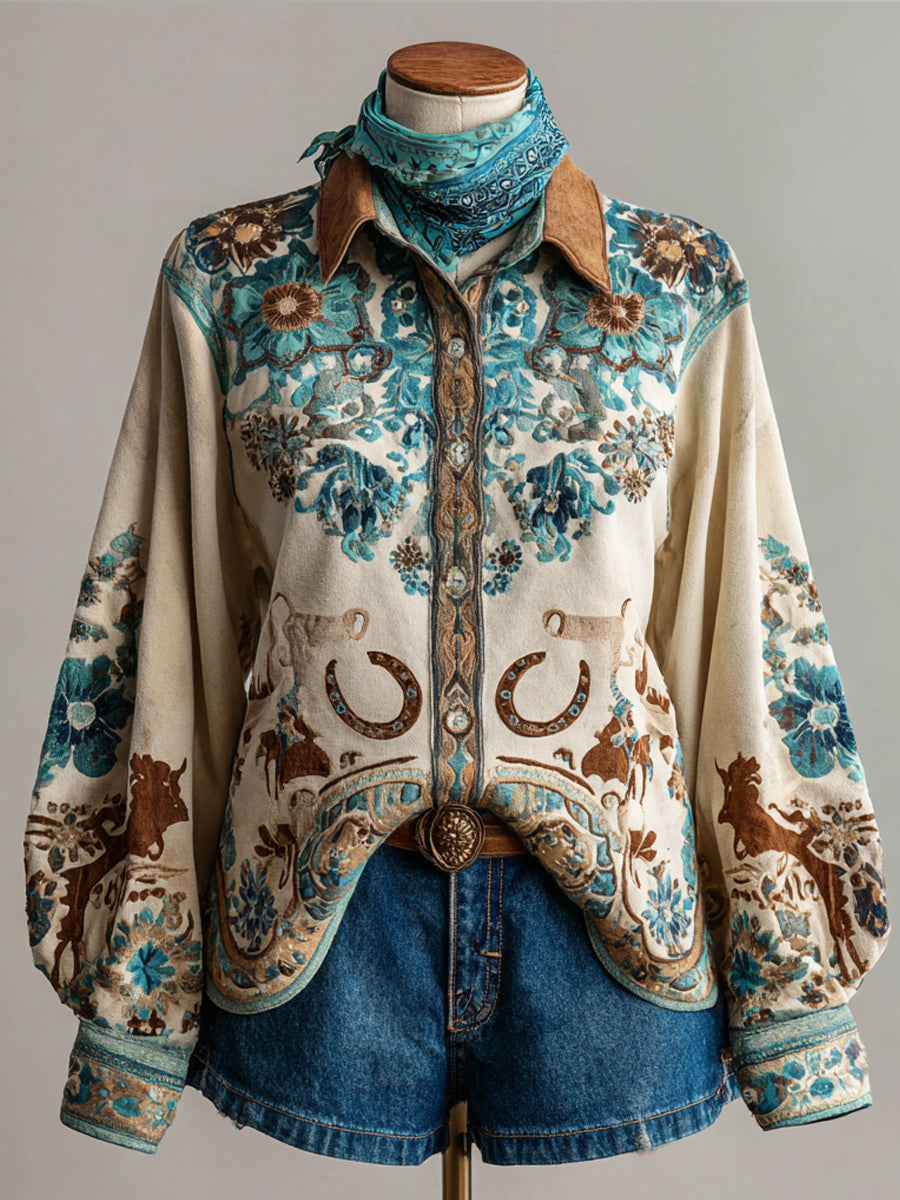 Vintage Western Art Illustration Print Casual Shirt