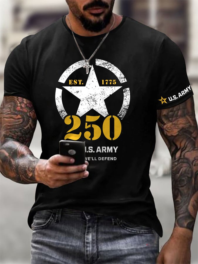 Men's Retro U.S. Army 250th Anniversary This We'll Defend Est.1775 Print T-Shirt