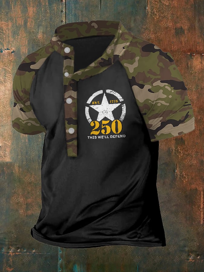 Man's Vintage Independence Day Camouflage United States Army 250th Anniversary This We'll Defend Est.1775 Printed Henley Shirt