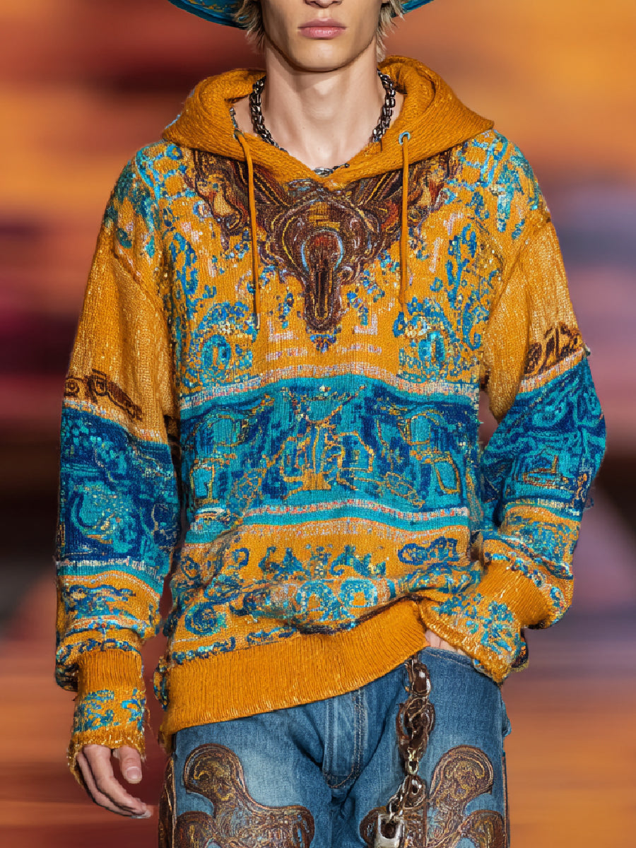Vintage Western Art Print Casual Long Sleeve Hoodie