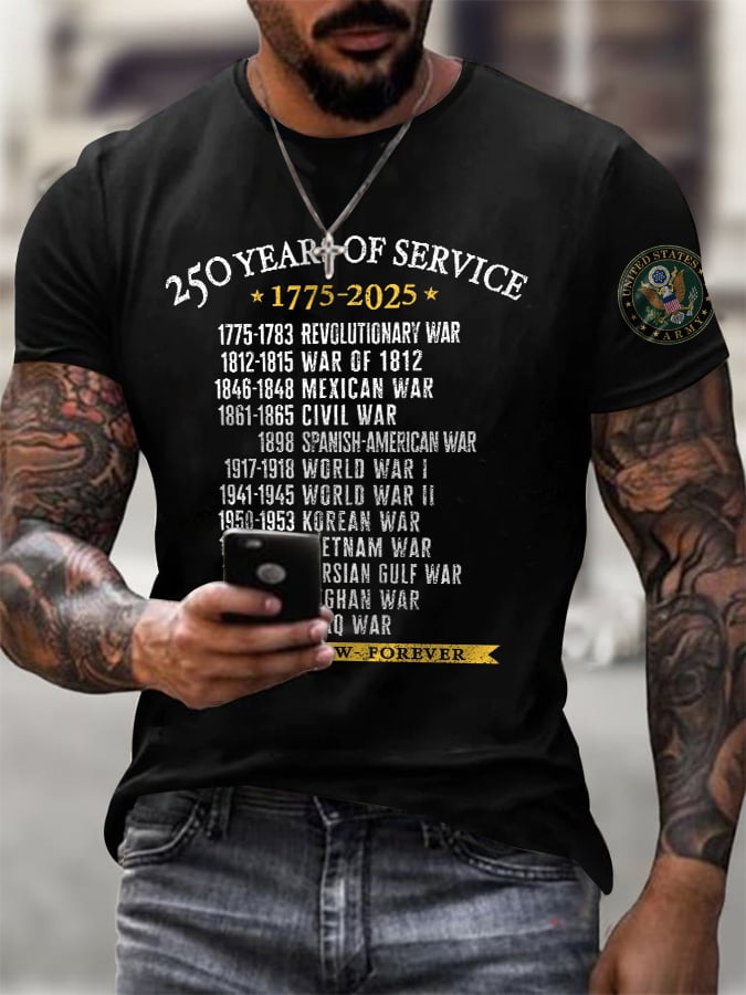 Men's United States Army 250 Years Of Service 1775-2025 Then - Now - Forever Print T-Shirt