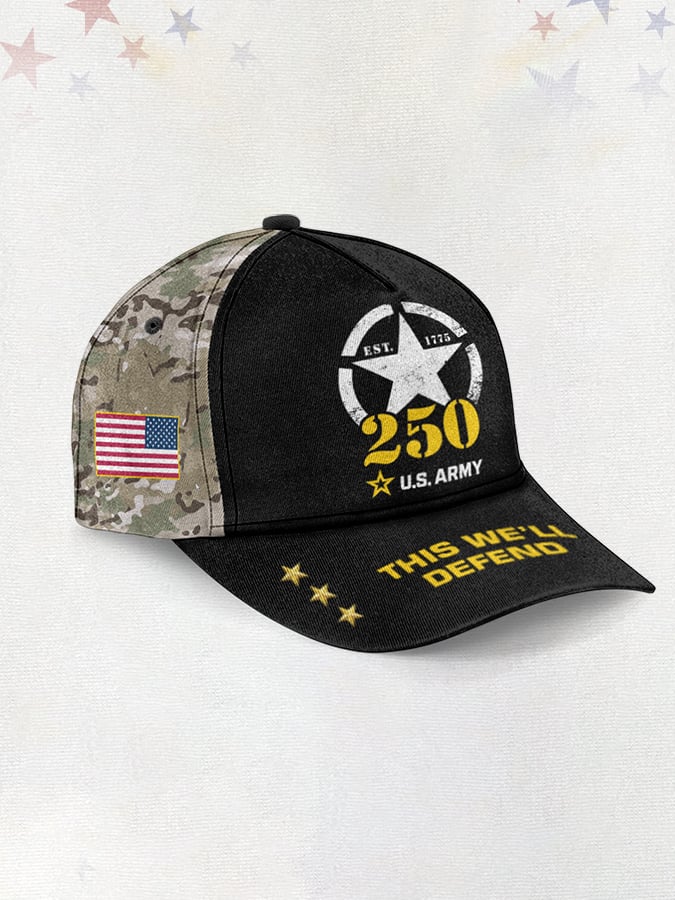 Vintage U.S. Army 250th Anniversary This We'll Defend Est.1775 Flag Camouflage Print Baseball Cap