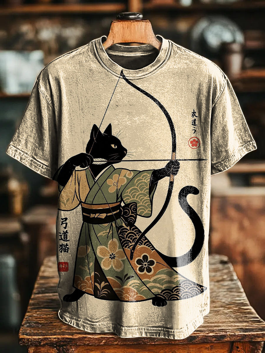 Retro Japanese Style Ukiyoe Samurai Cat Print T-shirt