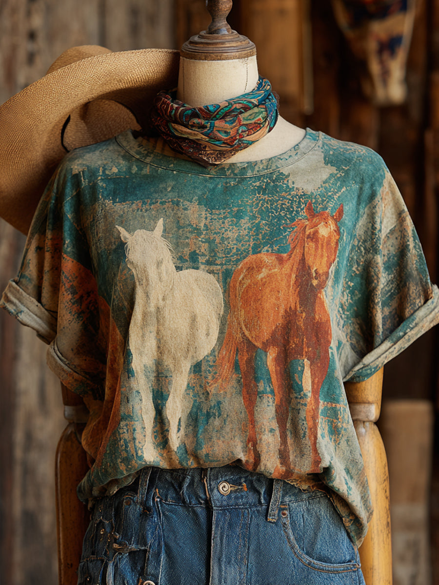 Retro Western Art Horse Print Casual Short Sleeve T-Shirt