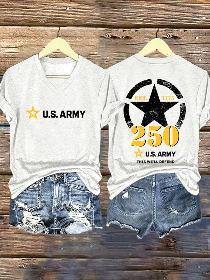 V-Neck Retro U.S. Army 250th Anniversary This We'll Defend Est.1775 Print T-Shirt