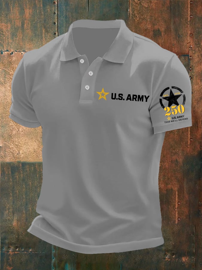 Man's Vintage U.S. Army 250th Anniversary This We'll Defend Est.1775 Printed Polo Shirt