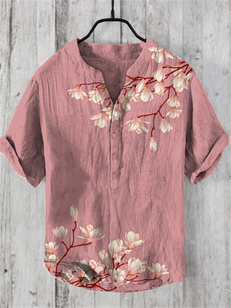 Men's Vintage Japanese Art Magnolia Flower V Neck Casual Linen Blend Shirt