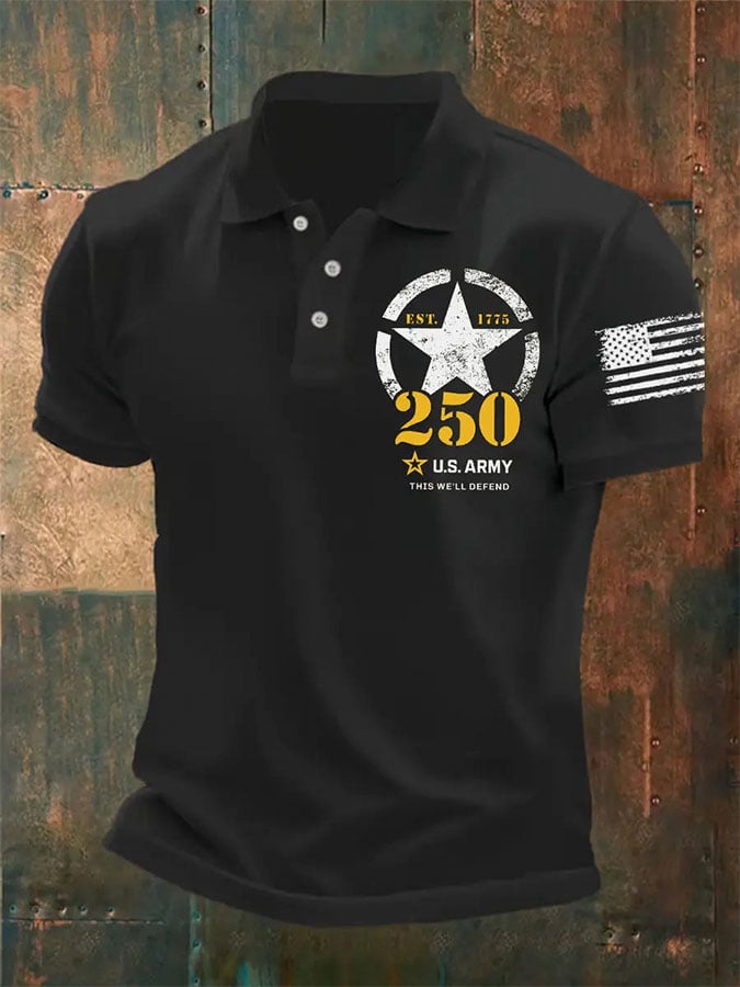 Man's Vintage National Flag U.S. Army 250th Anniversary This We'll Defend Est.1775 Printed Polo Shirt