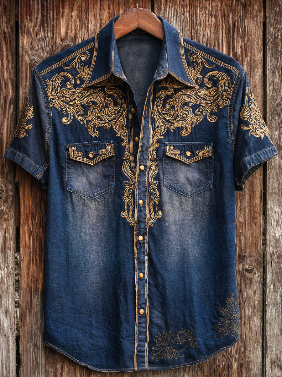 Retro Western Art Cowboy Print Casual Short Sleeve Shirt
