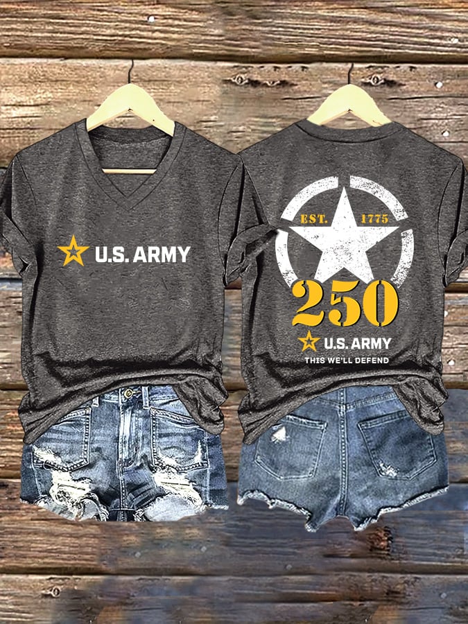 V-Neck Retro U.S. Army 250th Anniversary This We'll Defend Est.1775 Print T-Shirt