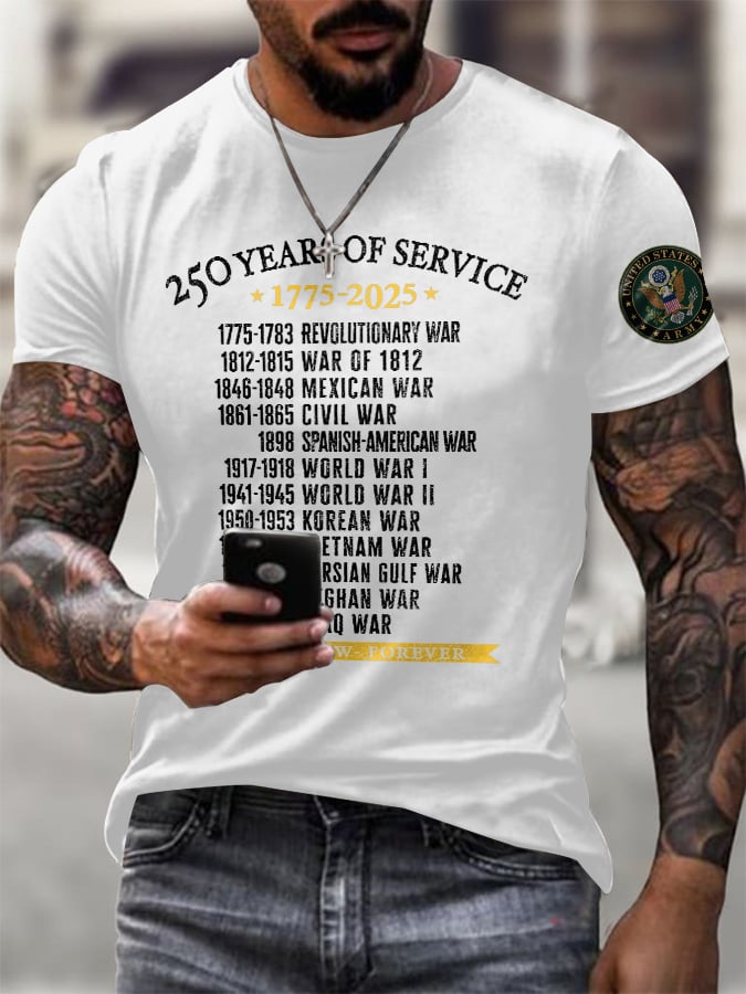 Men's United States Army 250 Years Of Service 1775-2025 Then - Now - Forever Print T-Shirt