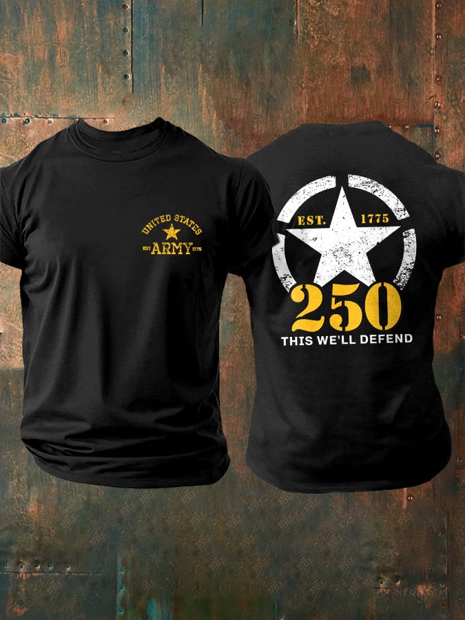 Retro Man's Vintage Independence Day United States Army 250th Anniversary This We'll Defend Print T-Shirt