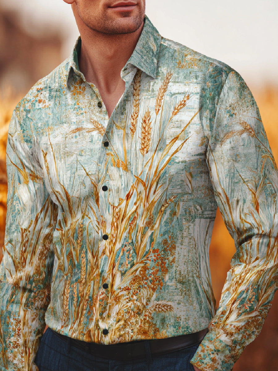 Fall Harvest Art Print Casual Long Sleeve Button-Down Shirt