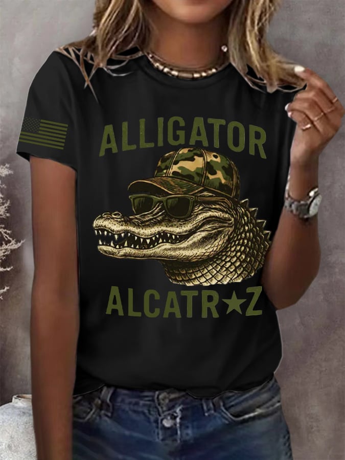 Women's Retro Alligator Alcatraz Funny Florida Everglades Dark Humor Print T-Shirt