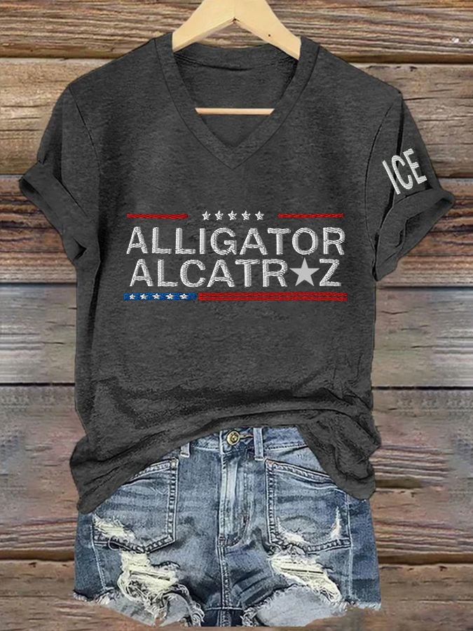 Women's Casual Retro Alligator Alcatraz ICE Print T-Shirt