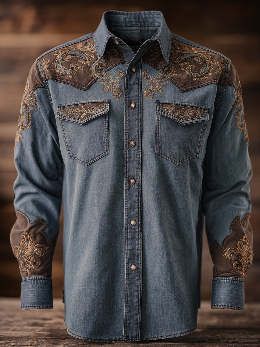 Retro Western Cowboy Art Print Casual Long Sleeve Shirt
