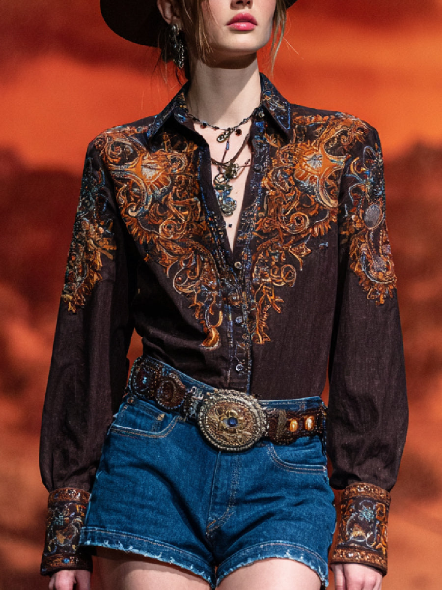 Western Retro Art Print Casual Long Sleeve Shirt