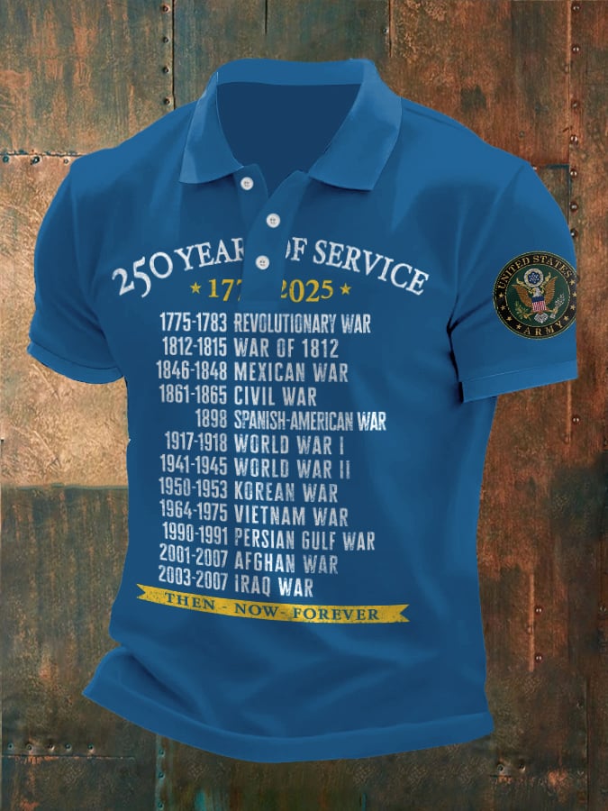 Vintage Men's United States Army 250 Years Of Service 1775-2025 Then - Now - Forever Printed Polo Shirt