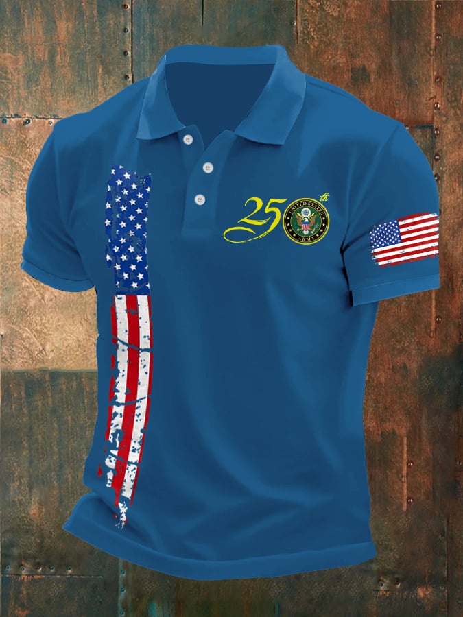 Man's Vintage Independence Day Flag United States Army 250th Anniversary Printed Polo Shirt