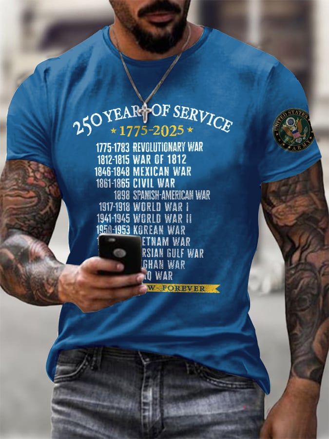 Men's United States Army 250 Years Of Service 1775-2025 Then - Now - Forever Print T-Shirt