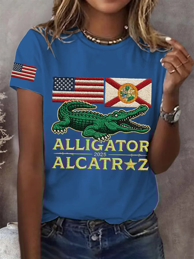 Women's Retro Alligator Alcatraz Funny Florida Everglades Dark Humor Print T-Shirt
