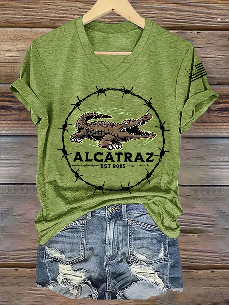 Women's Retro Alligator Alcatraz Funny Florida Everglades Dark Humor V-Neck Tee