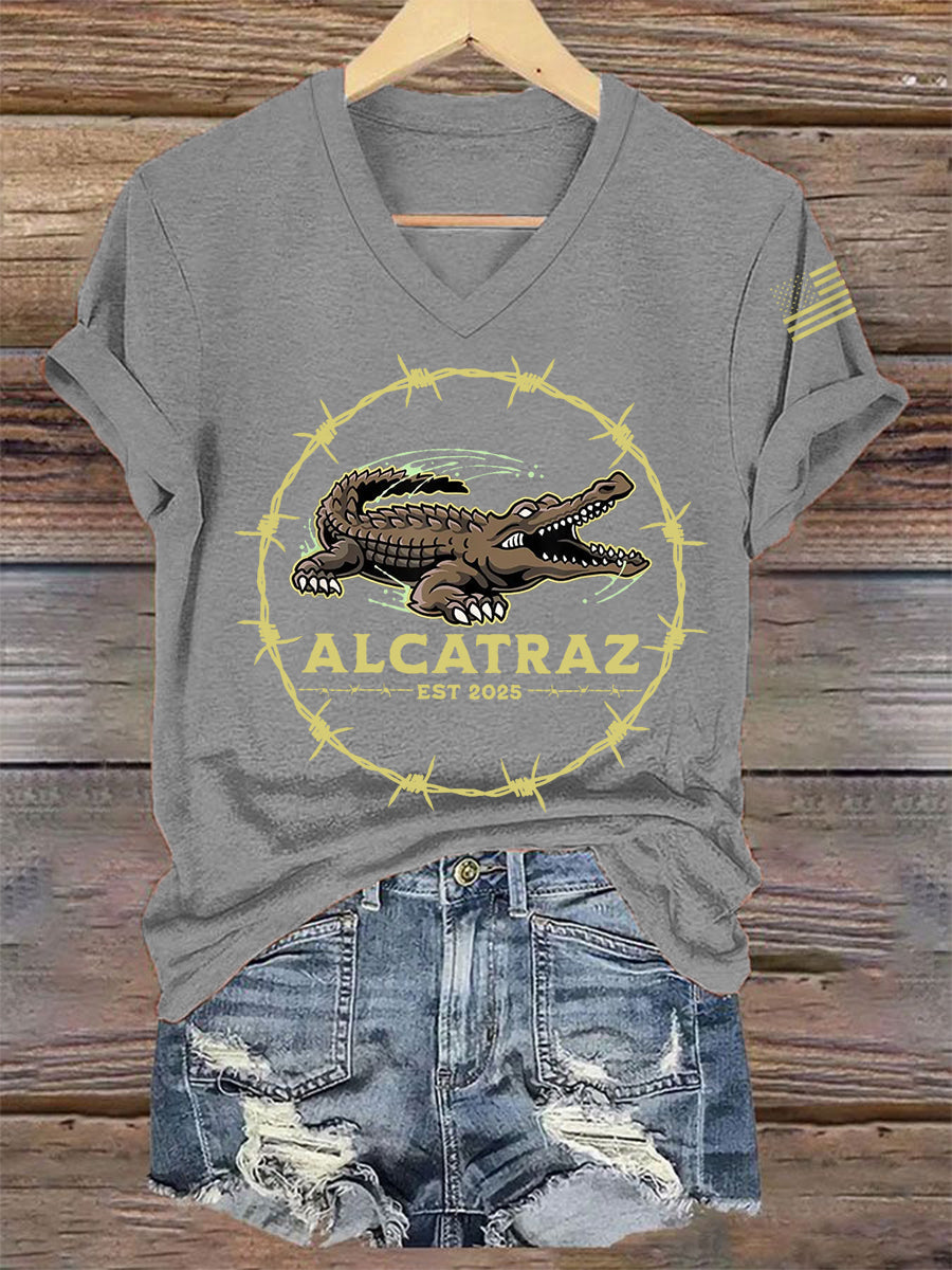 Women's Retro Alligator Alcatraz Funny Florida Everglades Dark Humor V-Neck Tee