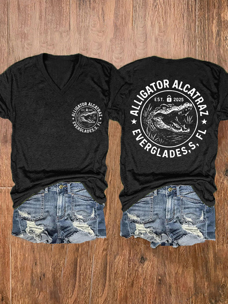 Women's Retro Alligator Alcatraz Funny Florida Everglades Dark Humor V-Neck Tee