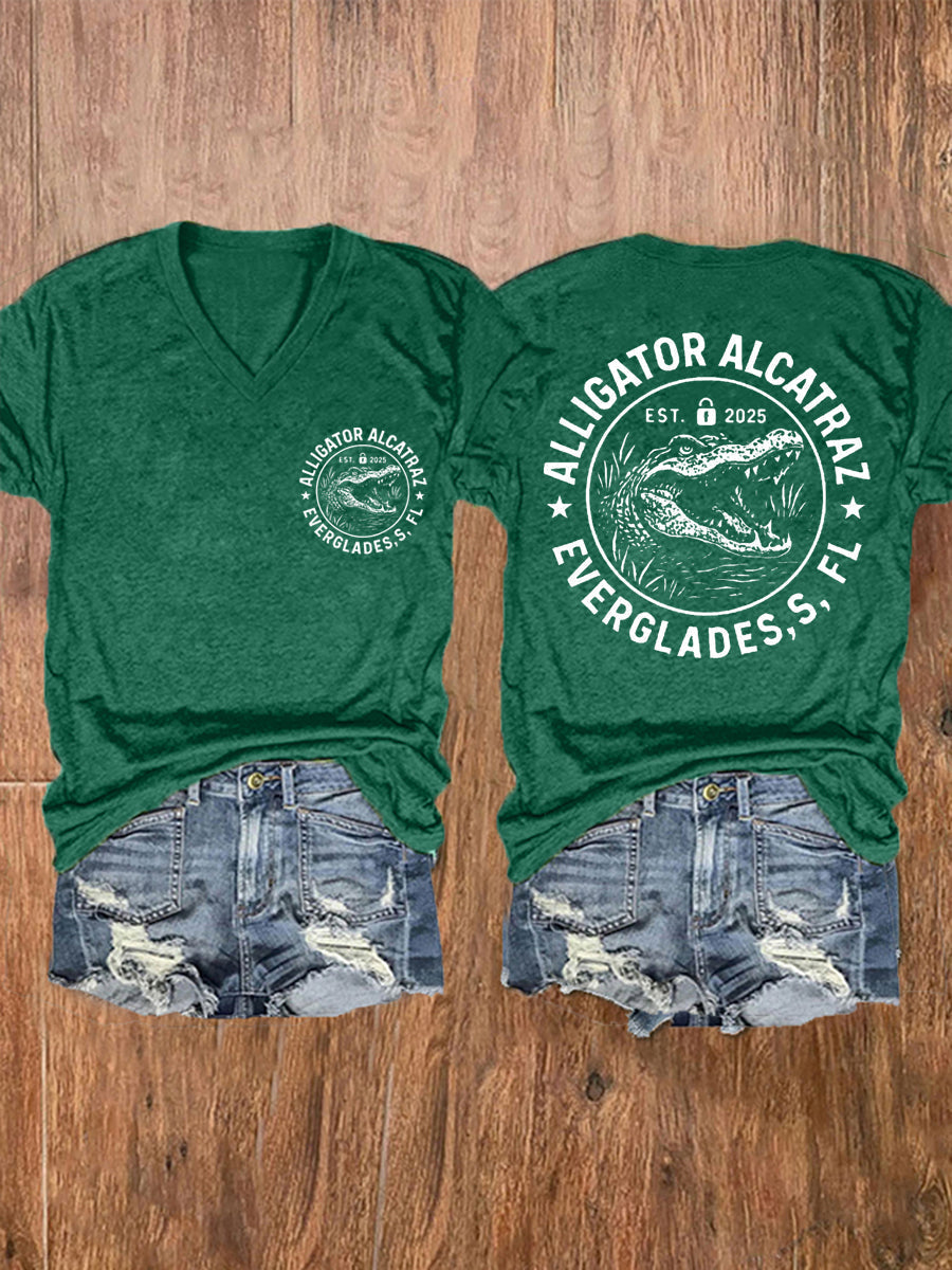 Women's Retro Alligator Alcatraz Funny Florida Everglades Dark Humor V-Neck Tee