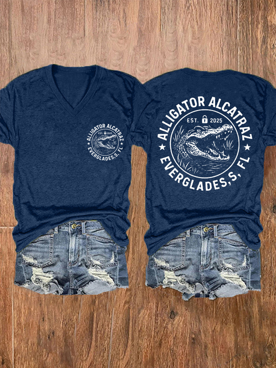 Women's Retro Alligator Alcatraz Funny Florida Everglades Dark Humor V-Neck Tee