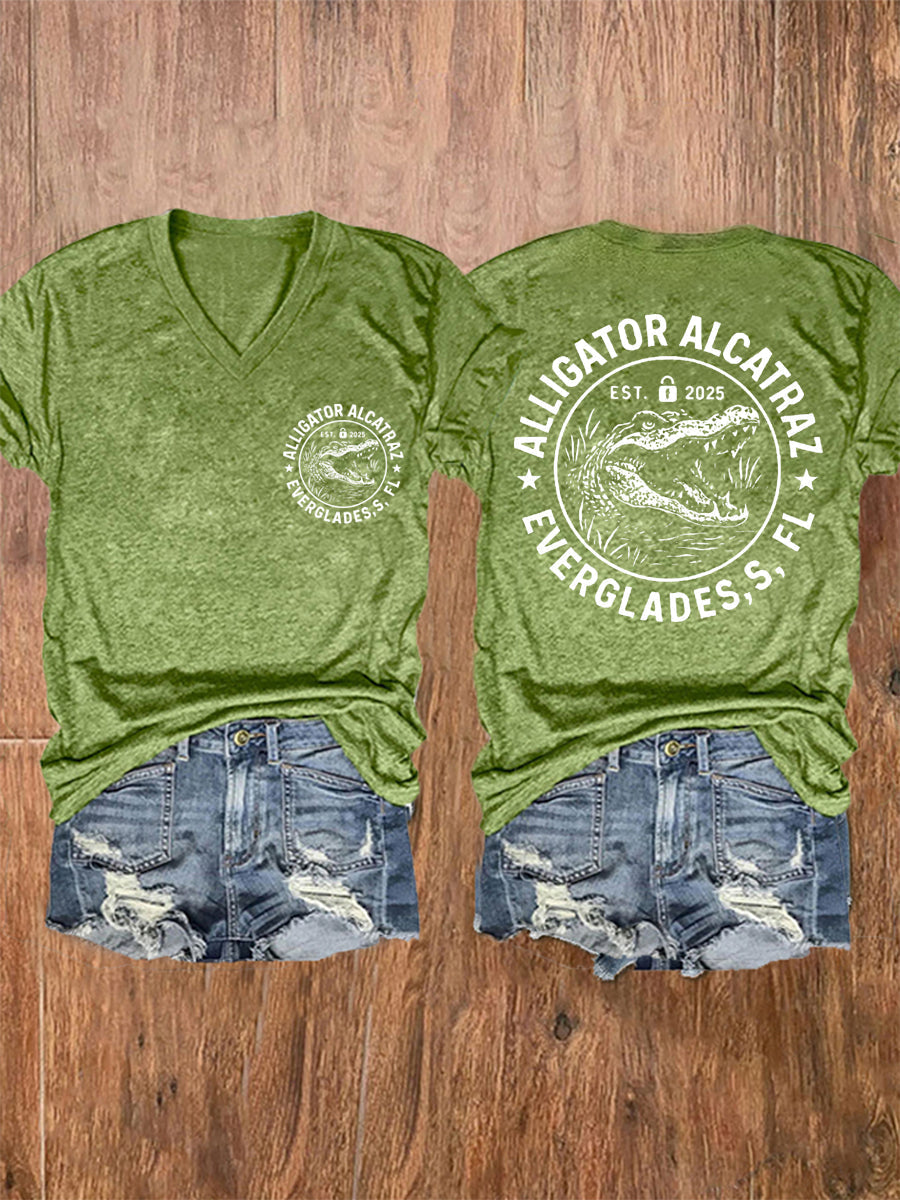 Women's Retro Alligator Alcatraz Funny Florida Everglades Dark Humor V-Neck Tee