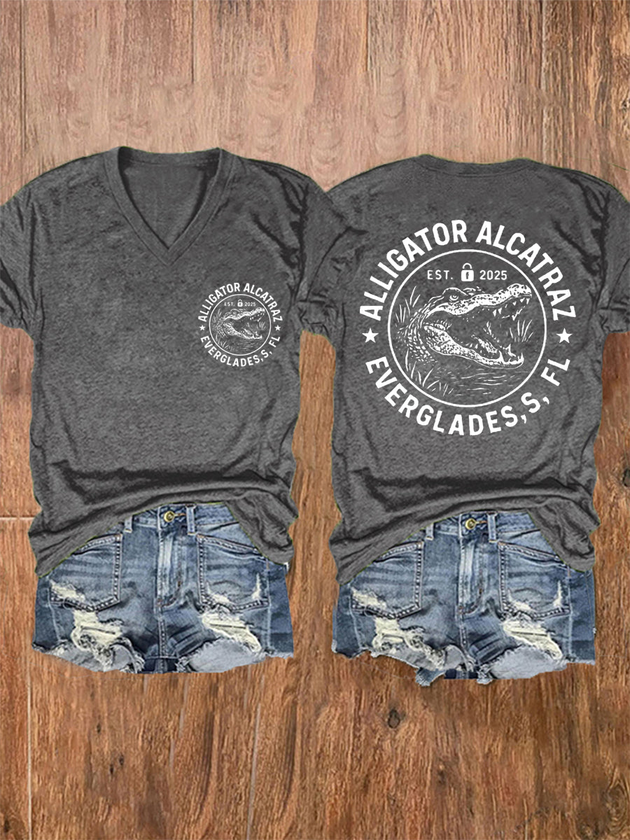 Women's Retro Alligator Alcatraz Funny Florida Everglades Dark Humor V-Neck Tee