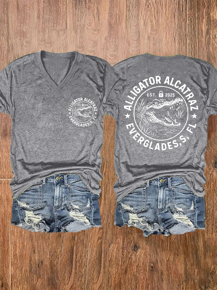 Women's Retro Alligator Alcatraz Funny Florida Everglades Dark Humor V-Neck Tee