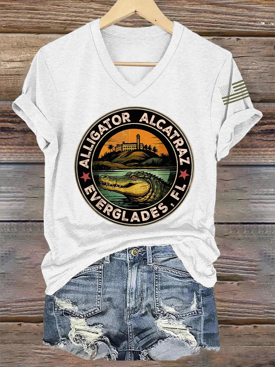 Women's Retro Alligator Alcatraz Funny Florida Everglades Dark Humor V-Neck Tee