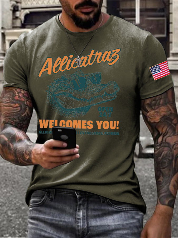 Men's Alligator Alcatraz Funny Florida Everglades Dark Humor Printed T-shirt