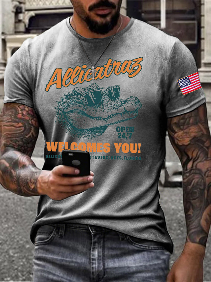 Men's Alligator Alcatraz Funny Florida Everglades Dark Humor Printed T-shirt