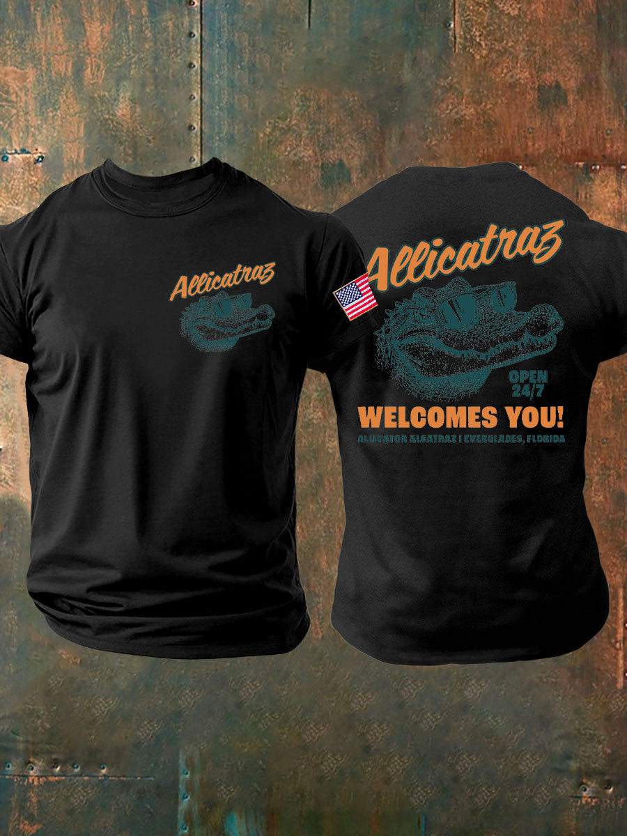 Men's Alligator Alcatraz Funny Florida Everglades Dark Humor Printed T-shirt