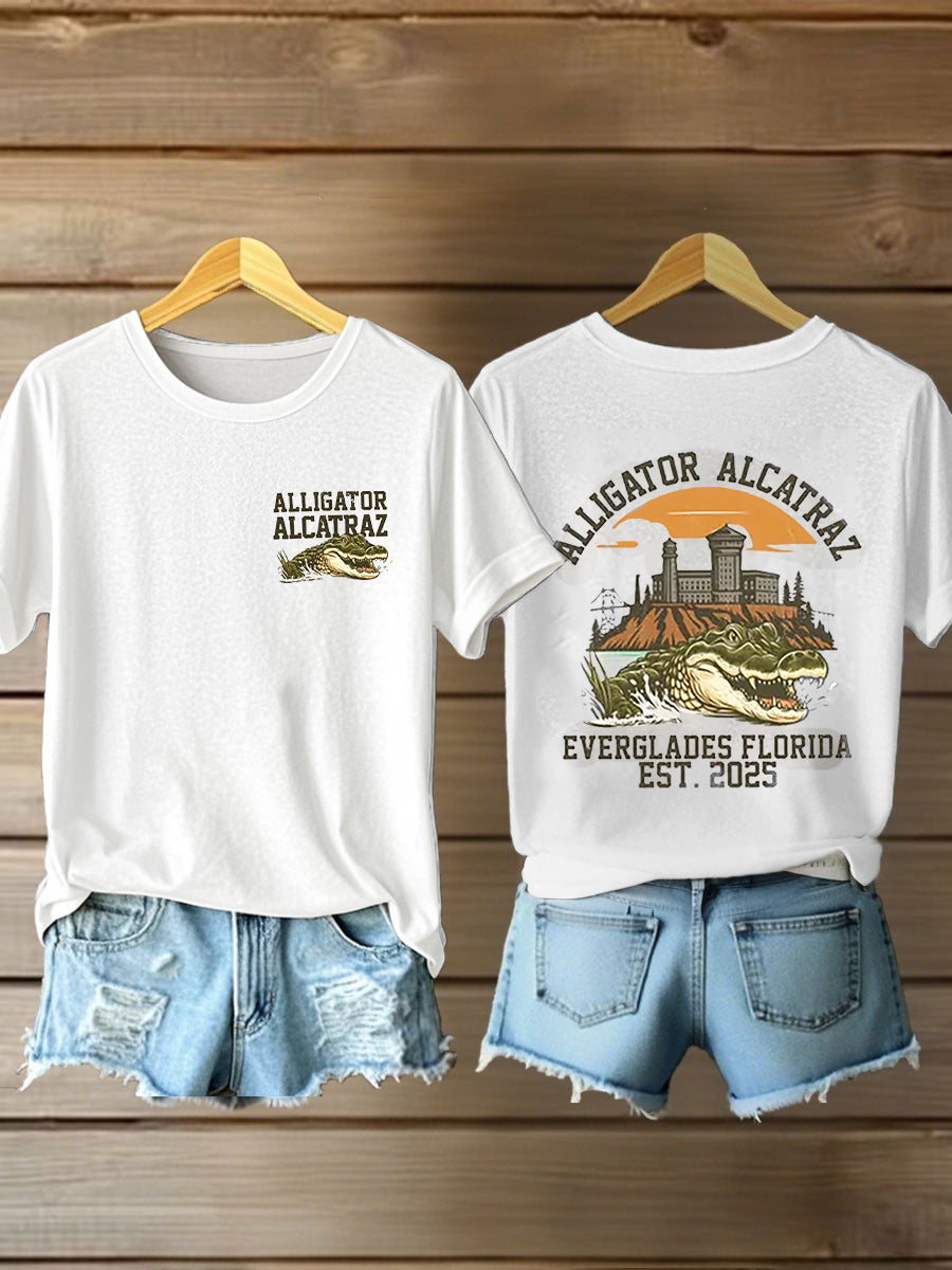 Women's Retro Alligator Alcatraz Funny Florida Everglades Dark Humor Short Sleeve Tee