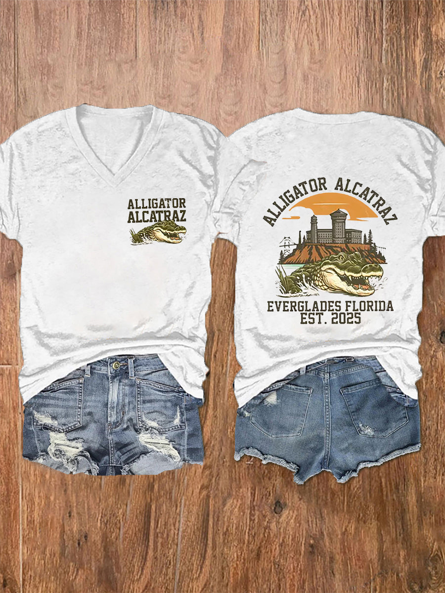 Women's Retro Alligator Alcatraz Funny Florida Everglades Dark Humor Short Sleeve Tee